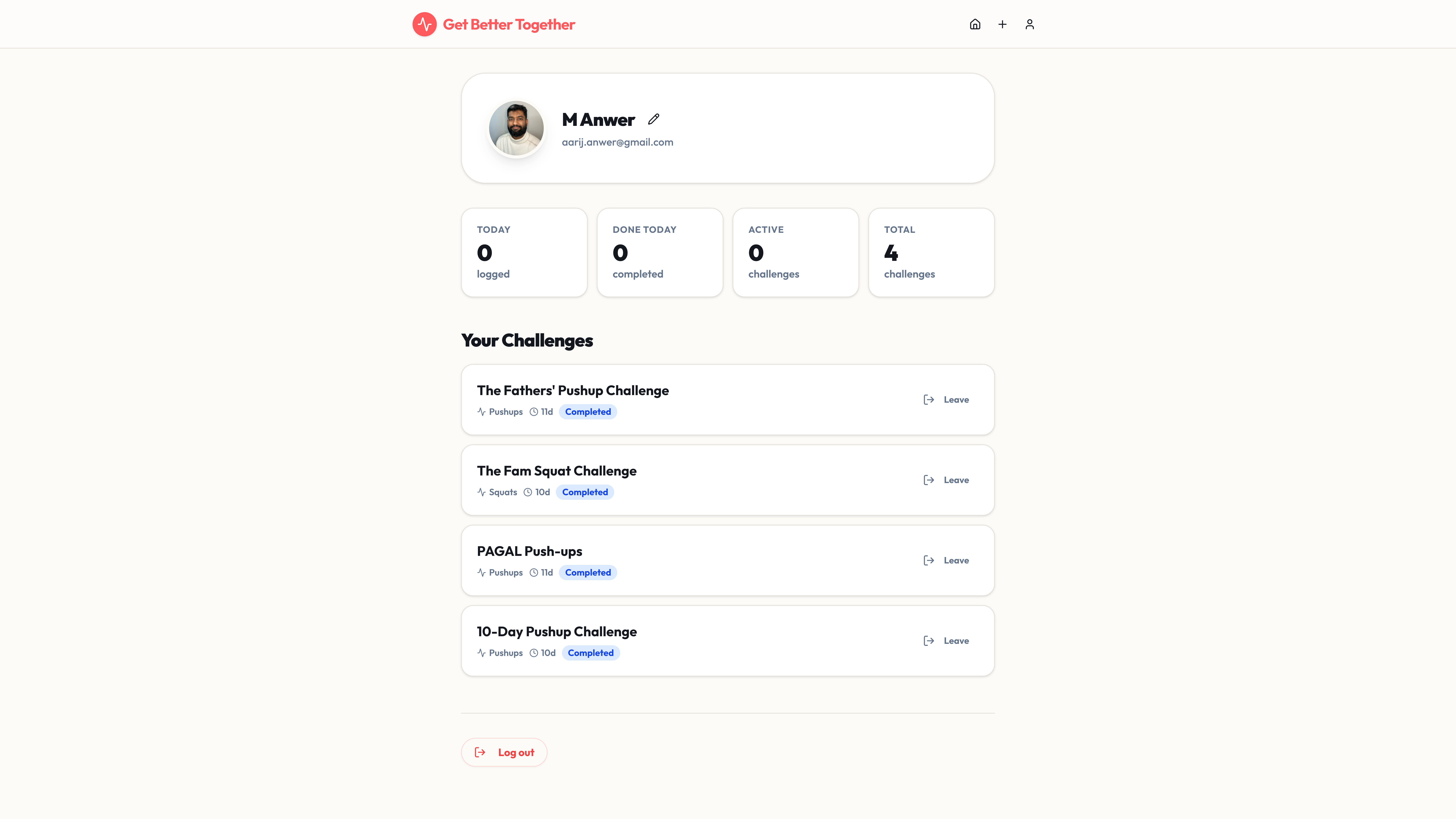 User profile showing joined challenges, progress, and stats.