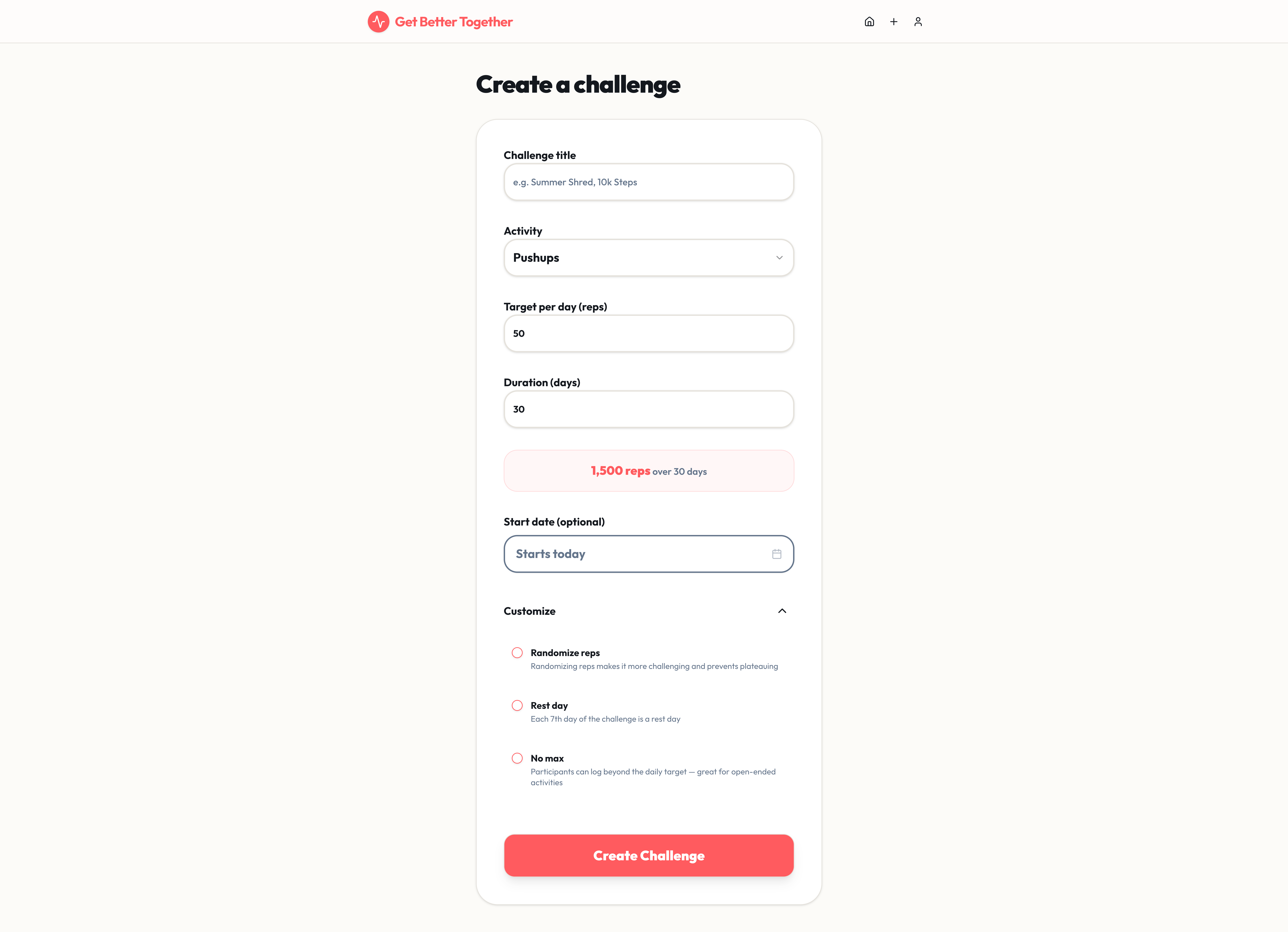 Create a challenge flow with customizable settings and friend invitations.