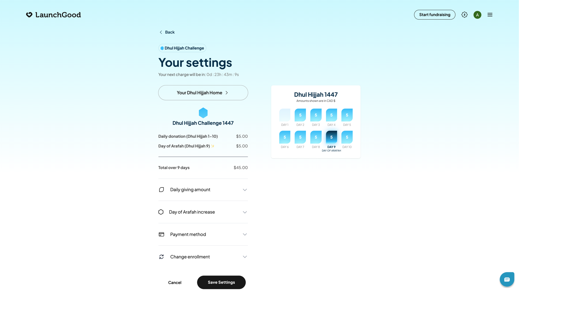 Settings page for managing recurring donation preferences and payment methods.