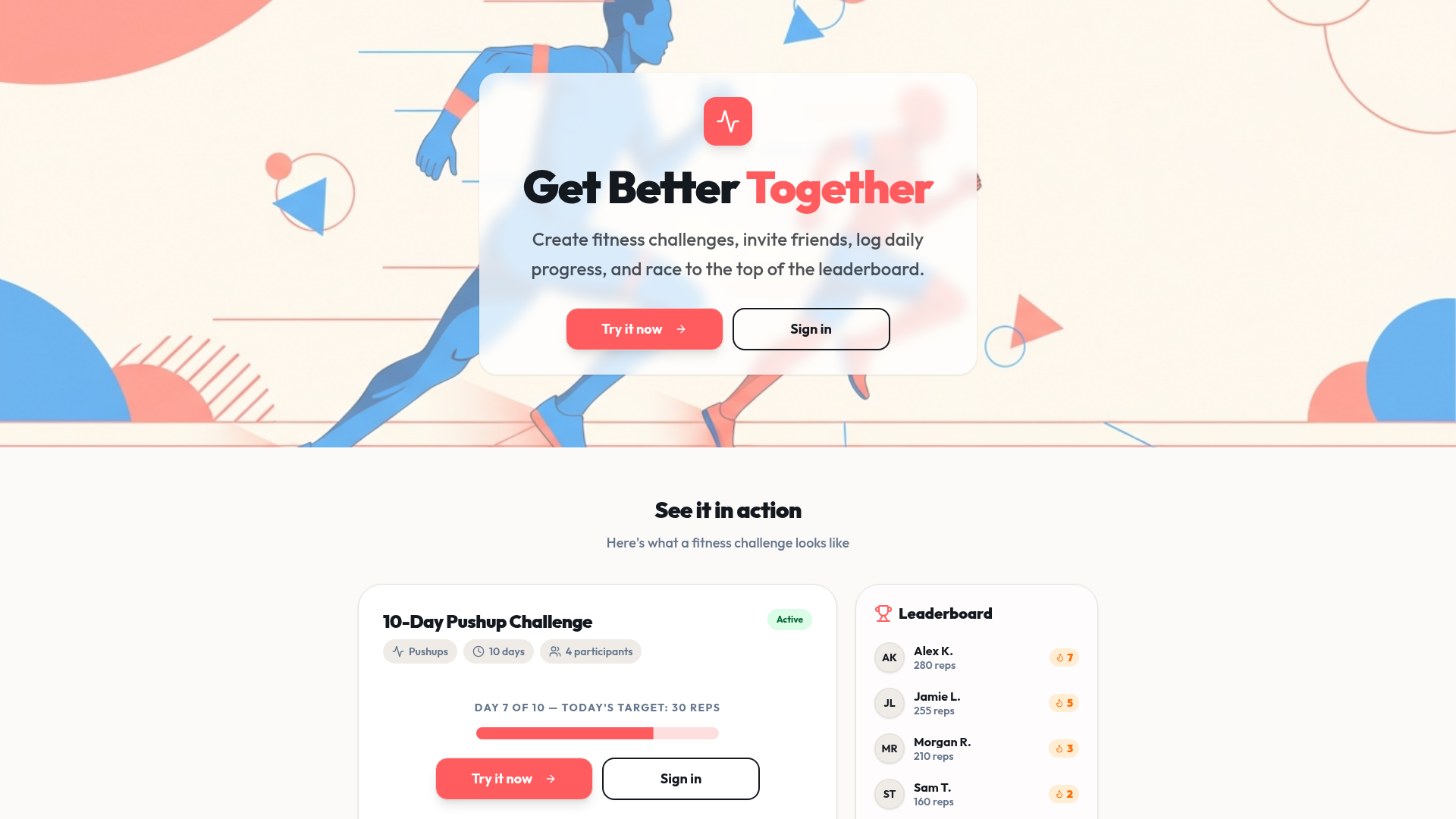 Get Better Together landing page showing the create-a-challenge flow and live leaderboard.