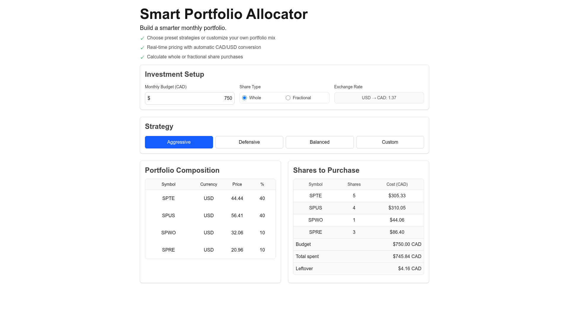 Smart Portfolio Allocator interface showing strategy selection and share allocation breakdown.